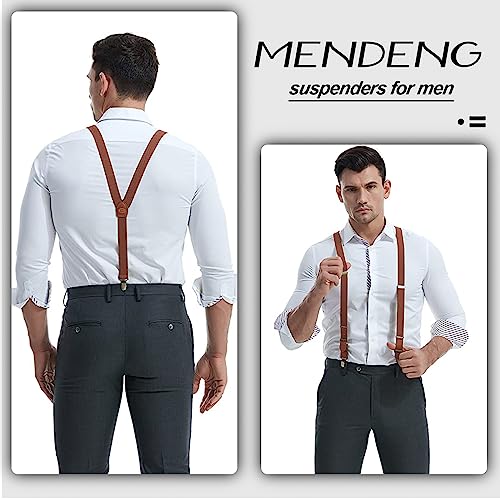 Mendeng Adjustable Brown Suspenders For Men Wedding Groomsmen Bronze Metal Clips Braces Leather #TOP5