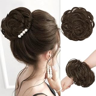 RUWISS Messy Bun Hair Pieces Hair Bun Scrunchies Extension Curly Wavy Messy Synthetic Bun Updo Hairpiece for Women Darkest Brown