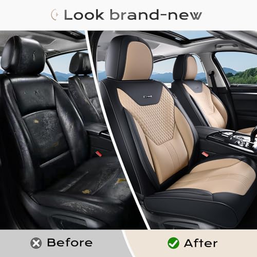 Image of Coverado Car Seat Covers Full Set, Front Seat Covers with Lumbar Support and Back Seat Cover Waterproof Leather Automotive Seat Cover, Universal Car Interior Protectors Cushion for Most Cars