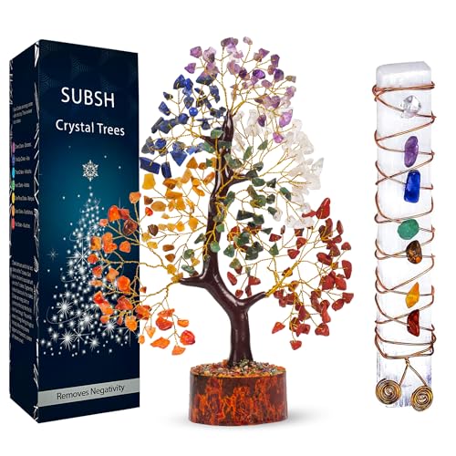 Crystal Tree of Life with Selenite Chakra Wand Stick, 7 Chakra Healing Crystal Trees, Office Desk Decor, Room Decor, Bonsai Trees for Positive Energy, Money, Good Luck Birthday Gifts for Women 10-12"