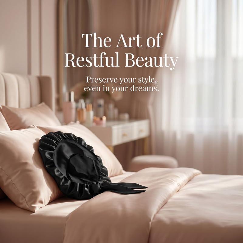 100% Mulberry Silk Bonnet for Sleeping Women, Double-Layer Sleep Cap with Tie Band, Sleep Cap for Hair Care Black