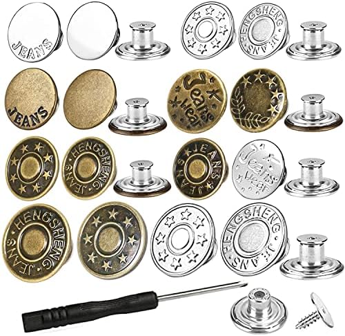 32 Sets Jeans Buttons Replacement, 17 mm and 20mm No-Sew Removable Metal Buttons Replacement Repair Combo Thread Rivets and Screwdrivers in Storage Box, Women and Men's Jeans Clothing Supplies