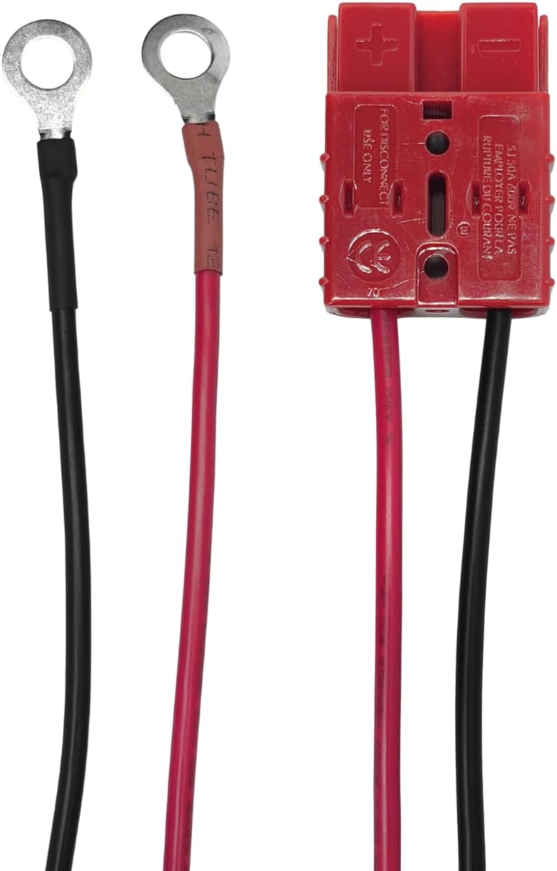 Battery connection cables, including ring terminals and an SB50 connector, used for connecting external batteries to the UPS.