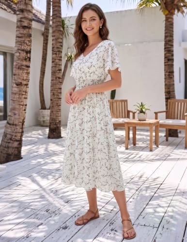 Image of Gardenwed Chiffon Floral Dresses Summer Midi Wedding Guest Dress V Neck for Women Elastic Waist