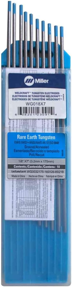 Miller Weldcraft WG018X7 Rare Earth Tungsten Electrode 1/8" X 7", 10 pack