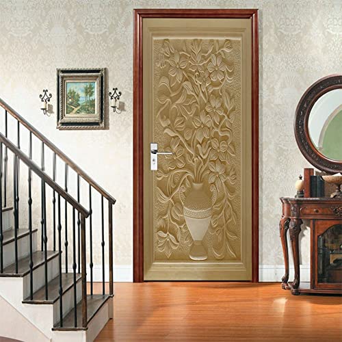 PatróN de JarróN En Relieve Puerta Pegatinas Mural 95x215cm Autoadhesivo Impermeable Vinilos Amarillo Puerta Pegatina Pared Murales para Dormitorio Sala De Baño Decorativos De Hogar Moderno