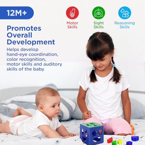 Image of Shape Sorter Toys for Kids 1+ Years - Wooden Shapes Puzzles, Color & Shape Matching Cube | Montessori Sorting Toy for Toddlers, Fine Motor Skills Development