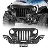 Hooke Road JK Mad Front Bumper Grille with Wings for 2007-2018 Jeep Wrangler JK & Unlimited 2/4 Doors, Steel Offroad Bumper with Winch Plate, D-rings, LED Lights