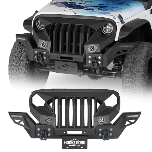 Hooke Road JK Mad Front Bumper Grille with Wings for 2007-2018 Jeep Wrangler JK & Unlimited 2/4 Doors, Steel Offroad Bumper with Winch Plate, D-rings, LED Lights