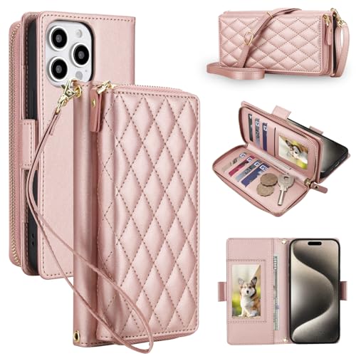 Étui portefeuille iPhone 13 Pro or rose anti-RFID avec sangle magnétique amovible
