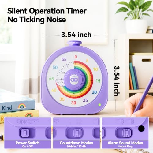 Image of Visual Timer for Kids and Adults 60 Min /12 Hour Rechargeable Countdown Timer with Magnetic Sticker and Mute Function Kids Pomodoro Timers for Classroom Office Kitchen Silent Operation & Rainbow Disk