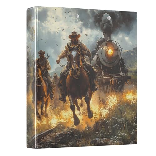 Image of 3 Ring Binder Cowboy Western Fire 1.5 inch Binders Three Ring Binders with Clipboard Fit 8.5'' x 11'' Paper 3 Interior PVC Clear Pockets for Office Supplies