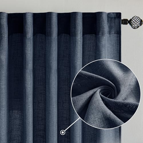 MIULEE Navy Blue Linen Curtains 90 Inch Length 2 Panels for Bedroom Living Room, Soft Thick Linen Textured Natural Window Drapes Semi Sheer Light Filtering Back Tab Rod Pocket Burlap Look Decor