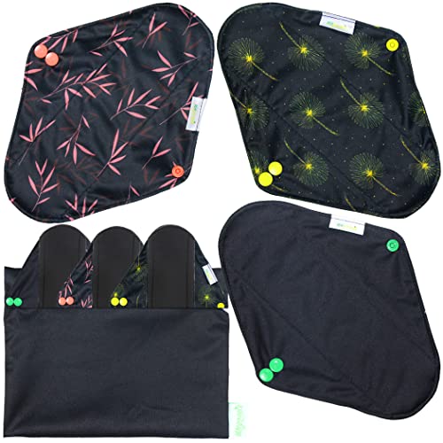wegreeco Bamboo Reusable Sanitary Pads (Stylish Pattern) - Cloth Sanitary Pads | Light Incontinence Pads | Reusable Menstrual Pads - 6 Pack Pads, 1 Cloth Mini Wet Bag (Medium, Dandelionï¼‰
