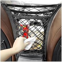 3-Layer Car Mesh Organizer, Seat Back Net Bag Stretchable Barrier of Backseat Pet Kids, Four-Side Elastic Storage Netting Pouch Cargo Tissue Purse Holder Between Front Seats