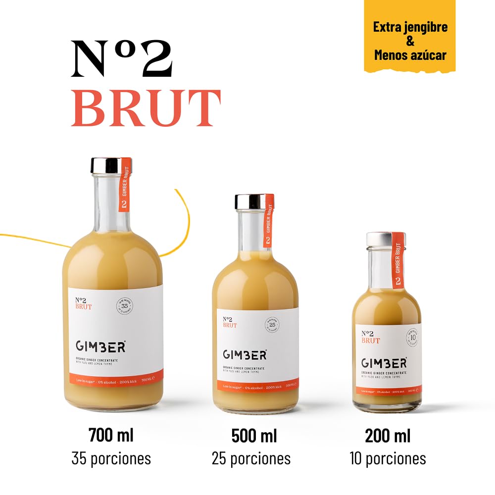GIMBER Brut N'2 concentrato di zenzero biologico 700 ml | Bevanda analcolica biologica a base di zenzero, limone ed erbe | Estratto di zenzero premium | meno zucchero