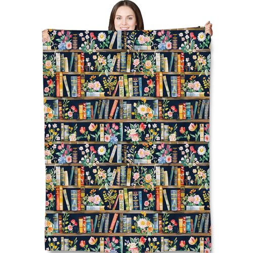 Bookshelf Floral Throw Blanket for Adults Kids, 50x60 in, Colorful Books Theme Flannel Blankets for Bedroom, Couch, Travel, Home Decor, Fuzzy Soft Cozy Warm Gifts