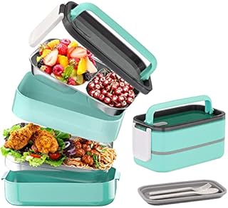 XINLIARY 1400 ML Stainless Steel Lunch Box, Double Layer Bento Box, Leakproof Bento Lunch Box for Adults Kids with 3 Compartments, Cutlery, Meal Containers for Microwave, Schools, BPA-Free, Green