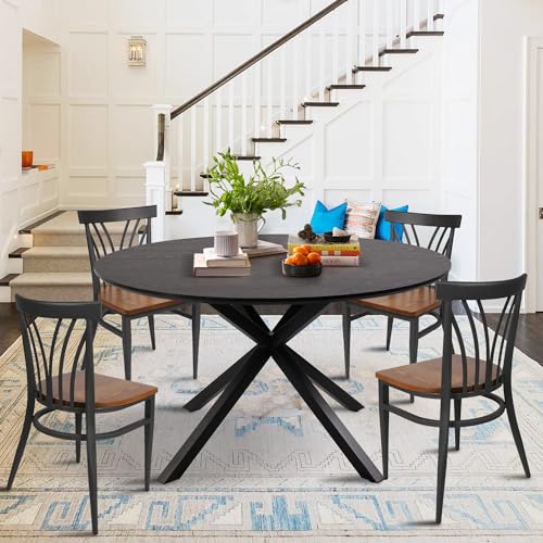 LUCKYERMORE 53\'\' Round Dining Table for 4-6,Black Wood Kitchen Table Mid-Century Modern for Home, Conference,Office, Restaurant, W/Solid Metal Legs Leisure Table, Easy-Assembly