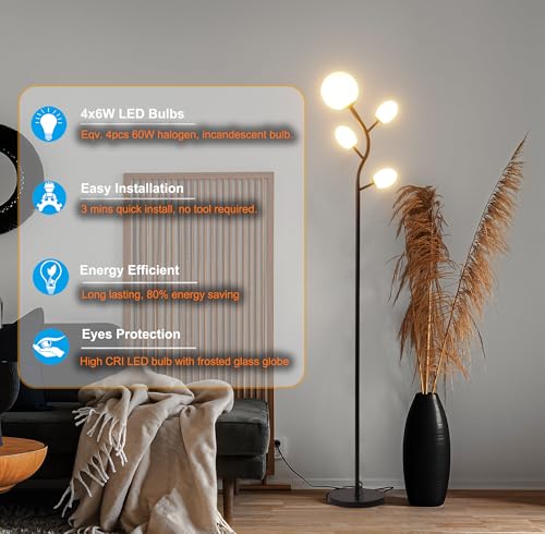 Image of Fiqevs 4 Globe Floor Lamp for Living Room, Mid Modern Standing Tree Lamp | 3000K Warm White Light, 4 LED Bulbs Included, Sphere Ball Frosted Glass Shade Tall Lamp for Bedroom /Office, Matt Black