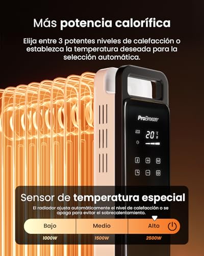 Miniatura 5 de Pro Breeze Omniwarm Radiador De Aceite 2500w, Portátil Con Wi-Fi, 11 Aletas, Pantalla Digital Táctil, Modo Eco, 3 Modos, Termostato Ajustable Y Temporizador 24h