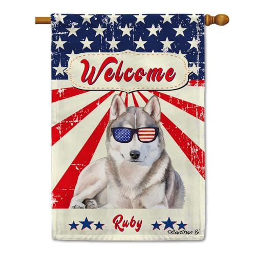 Ganshan Bi American Flag with Siberian Husky House Flag Watercolor Dog 4th of July Patriotic Welcome Banner for Outside Yard Custom 28X40 Inch Double Side