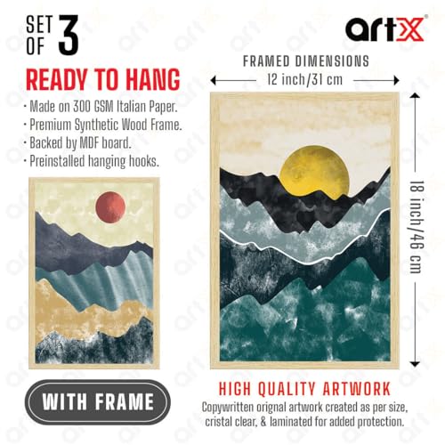 Image of ArtX Paper Modern Art Wall Painting For Living Room, Drawing Room Decoration Big Size, Sunrise Framed Painting for Wall Decoration, Wall Decor For Bedroom, Multicolor, 36.0 x 18.0 inches, Set Of 3
