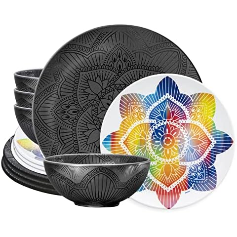 BZYOO BPA-Free Dishwasher Safe 100% Melamine Plastic La La Mandala Plate Bowl Set Best for Indoor and Outdoor Dining Holiday Party 12 PCS Dinnerware set (Service for 4, Black w Color Side Plate) Cover