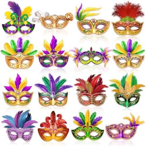 CMUSKO Masquerade Masks -16Pcs Purple Green Yellow Paper Mask Bulk Women Prom Carnival Masks Decoration for Masquerade Party Supplies