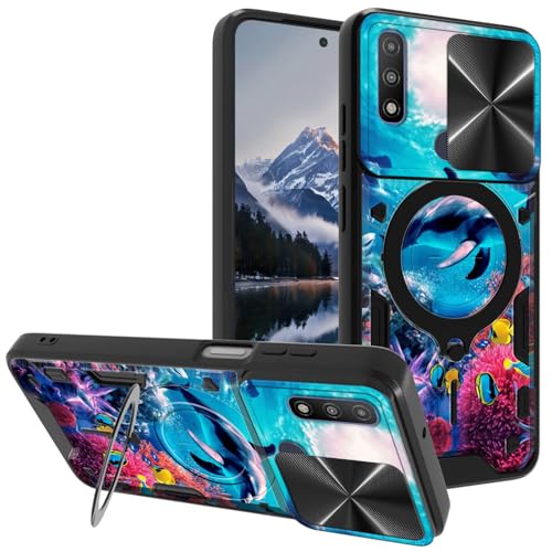 for Motorola Moto G Pure (2021) Case, with Slide Camera Cover&Shockproof Bracket, Dual Layer Durable Heavy Duty Protective Cell Phone Case for Moto G Pure,Deep Sea Corals Dolphin