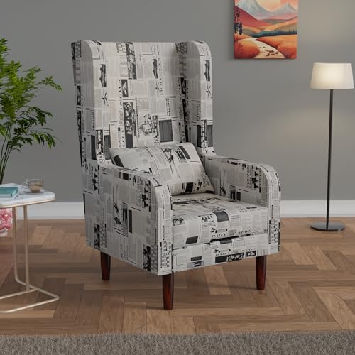 Image of Custom Decor Wooden Wing Chair with Ottoman Stool | Wingback for Living Room | One Seater Sofa | High Density Foam | Accent Chair for Seating, Home Decor Furniture | (Vintage Newsprint, with Ottoman)