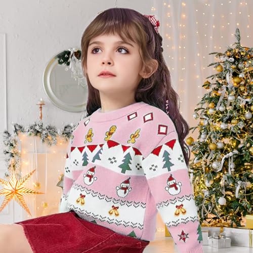 Toddler Christmas Sweater Snowman Girls Knit Crewneck Snowflake Pullover Kids Cute Xmas Pink Clothes Tops 3-7 Years3
