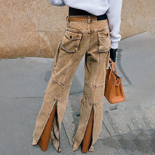 Women's Y2K High Waist Cargo Pants Wide Leg Baggy Denim Pants Brown Flap Pockets Denim Pants Zip Up Streetwear3