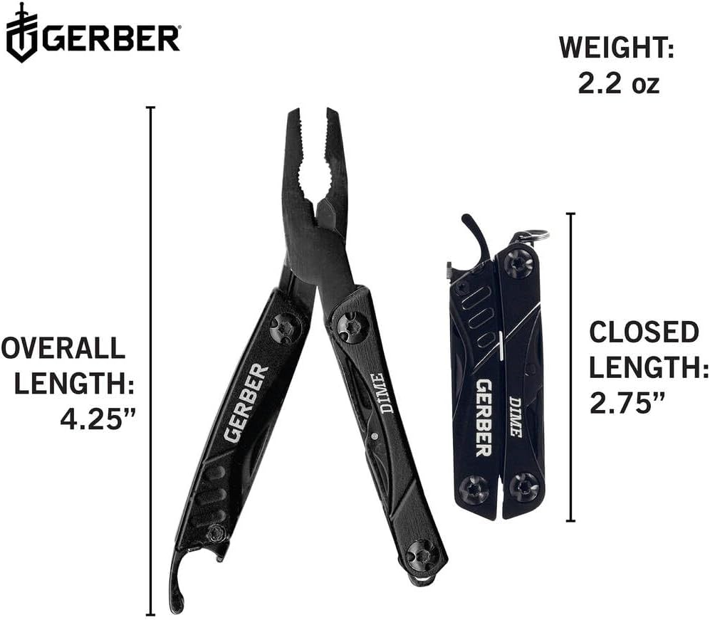 Gerber Dime 12-in-1 Mini Multitool Pliers, Pocket Knife,Bottle Opener,Black | stocking stuffers, gifts for men, Needle nose pliers, EDC pocket knife, bottle opener, 12 tools, compact camping gear