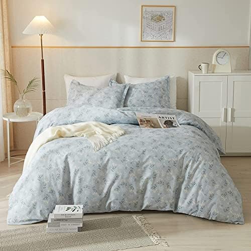 AMWAN Boho Floral Duvet Cover Queen Chic Garden Floral Blue Bedding Sets 100% Cotton Small Flower Print Comforter Cover Floral Botanical Bedding Cover Cotton Queen Duvet Cover Set with Zipper Closure