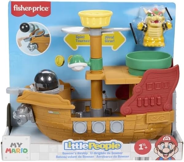 Fisher-Price Little People My Mario Juguete para niños pequeños, Conjunto de Juego de Barco de Bowser con Figura para niños y niñas en Edad Preescolar, a Partir de 18 Meses, JHG62 - 1