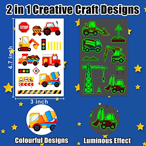 Leesgel 24 Sheets Car Temporary Tattoos For Kids, Truck Transportation Glow In Dark Tattoos Stickers, Construction Vehicle Birthday Party Supplies Favors #TOP2