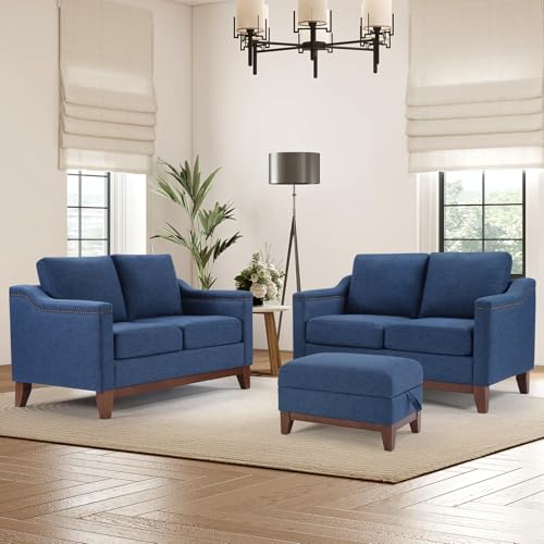 Image of 3 Piece Chenille Sofa Set with Nailhead Trim, Included 2 Loveseat 2-Seater Couches with Thicked Cushion and Upholstered Storage Ottoman with Flip-Top Table, Living Room Furniture Set,Blue