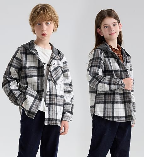 Image of SOLOCOTE Big Boys Flannel Plaid Shirt Kids Cotton Lightweight Hooded Long Sleeve Spring Fall Button Front Jacket
