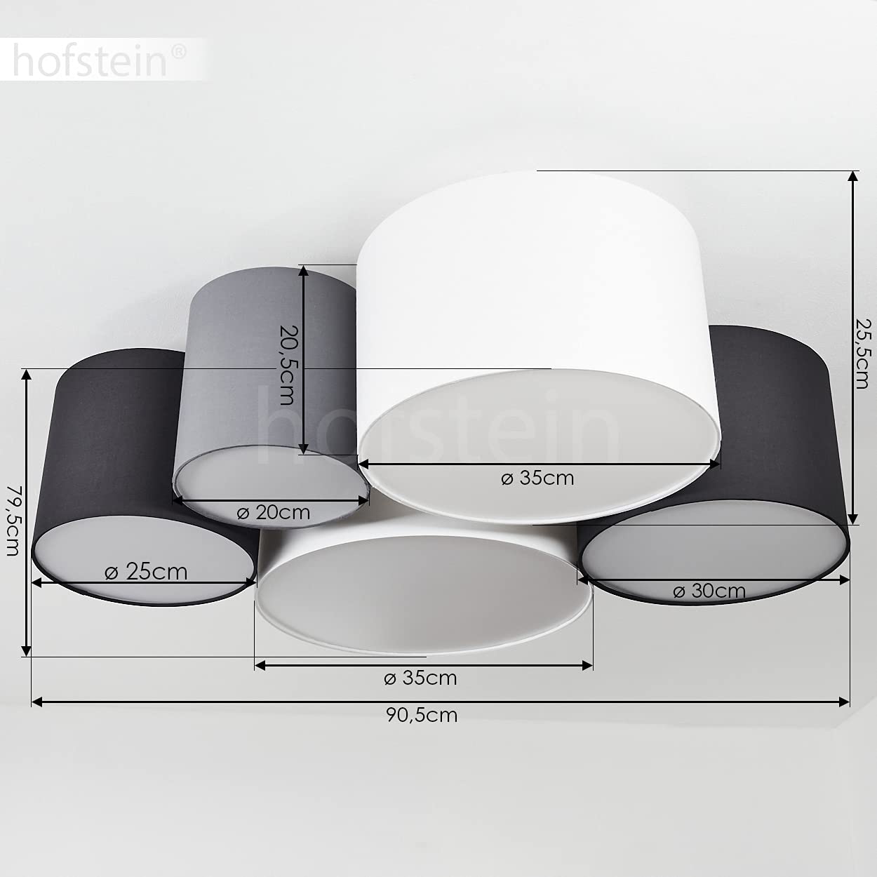 HOFSTEIN Deckenleuchte Trisett, Deckenlampe aus Metall/Kunststoff/Stoff in Schwarz/Weiß/Grau, moderne Leuchte mit Stoffschirmen, Lichteffekt, 5 x E27, Wohnzimmer, Esszimmer, Schlafzimmer, Küche