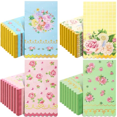 100 Pcs Tea Party Napkins Disposable - Floral Paper Napkins Scalloped Flower Tea Party Dinner Napkins for Birthday Wedding Bridal Shower Garden Supplies