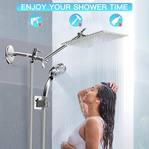 Shower Head, 10" High Pressure Rainfall Shower Head With 11" Adjustable Extension Arm And 9 Settings Handheld Showerhead Combo With Holder, Retractable 59" Hose, Flow Regulator, Chrome #TOP1