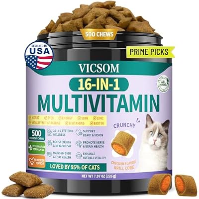 Taurine for Cats Vitamins Treats, 16 in 1 Cat Multivitamin 500 Crunchy & Krill Chews Support Immune, Joint, Digestion, Skin & Coat, Cat Vitamins Taurine Supplements for Daily Healthy (90-Day Supply)