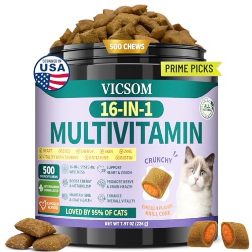 Taurine for Cats Vitamins Treats, 16 in 1 Cat Multivitamin 500 Crunchy & Krill Chews Support Immune, Joint, Digestion, Skin & Coat, Cat Vitamins Taurine Supplements for Daily Healthy (90-Day Supply)