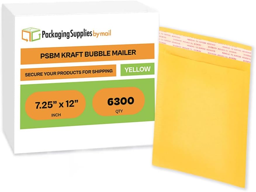 PSBM #1 100 PCS 7.25 x 12 Inch Kraft Bubble Mailers, Yellow Padded Envelopes, Self-Sealing Peel-Off Strip, Ideal for Shipping CD, DVD, Jewelry, Photos, Magazine, Books, Clothes and More