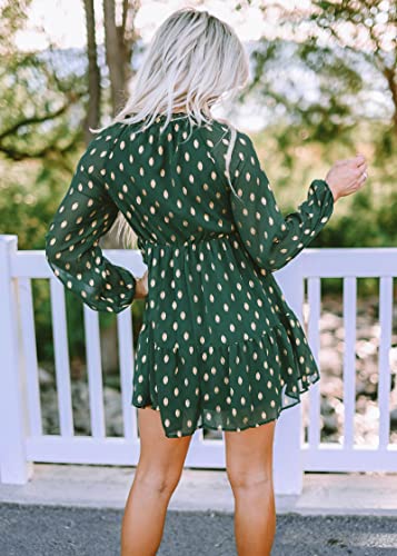 Kirundo Women's 2023 Spring Summer Long Sleeve V Neck Ruffle Polka Dot Mini Dress Casual Loose Tiered Swing Tunic Dress(Dark Green, X-Large) #TOP7