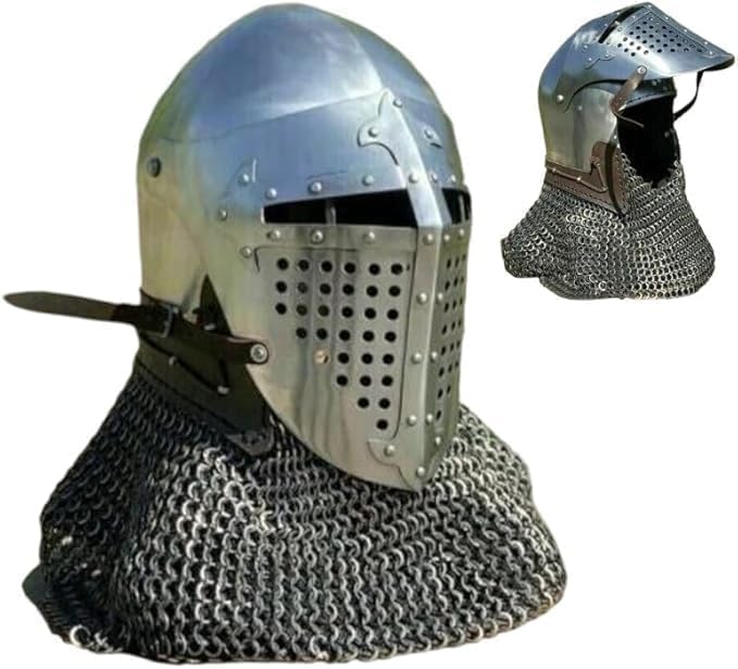 Medieval Knight Steel Helmet with Chainmail & Face Guard – Handmade Medieval Armor Helmet – Decorative Collectible for Costume Cosplay Display & Gift