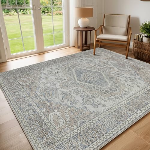 Lbris Machine Washable Rugs 8x10 Area Rugs for Living Room,Ultra Soft Low Pile Retro Rugs for Bedroom,Dining Room,Large Non Slip Carpet Vintage Distressed Accent Rug for Farmhouse Office Home Decor