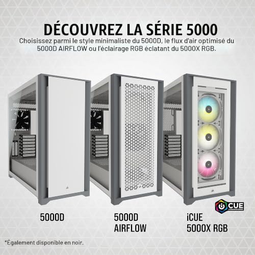 Corsair iCUE 5000X RGB Moyen-Tour Connecté en Verre Trempé Boîtier (Quatre Panneaux en Verre Trempé, Système de Câbles RapidRoute, Trois Ventilateurs RGB de 120 mm Inclus, Éclairage Intelligent) Blanc