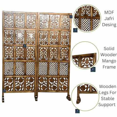 Image of Wooden Room Partition /Screen /Room Divider /Room Separator Burnt Wood Finish (Hand Buffing) Frame Traditional Handicrafts 6Ft Height (30 Inches Width 2 Panel)